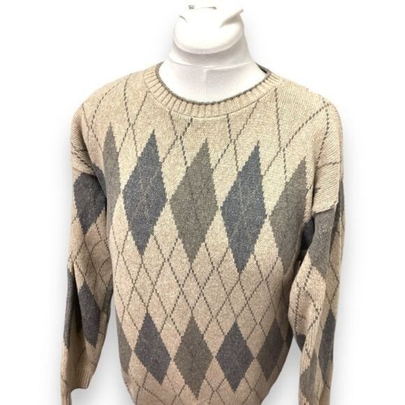 Crossings Vintage Mens Crewneck Pullover Argyle Sweater, Tan, size M - Picture 2 of 7